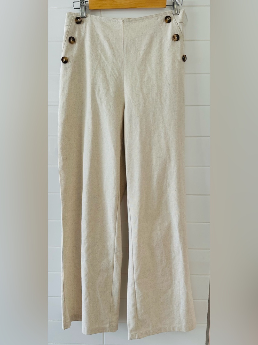 Commense Neutral Beige Sailor Linen-Blend Wide Leg Pants - Picture 2 of 8